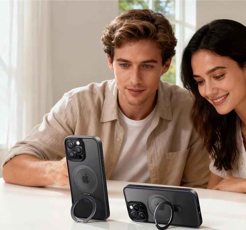 Two people viewing phones supported by genuine CASEKOO matte MagicStand cases