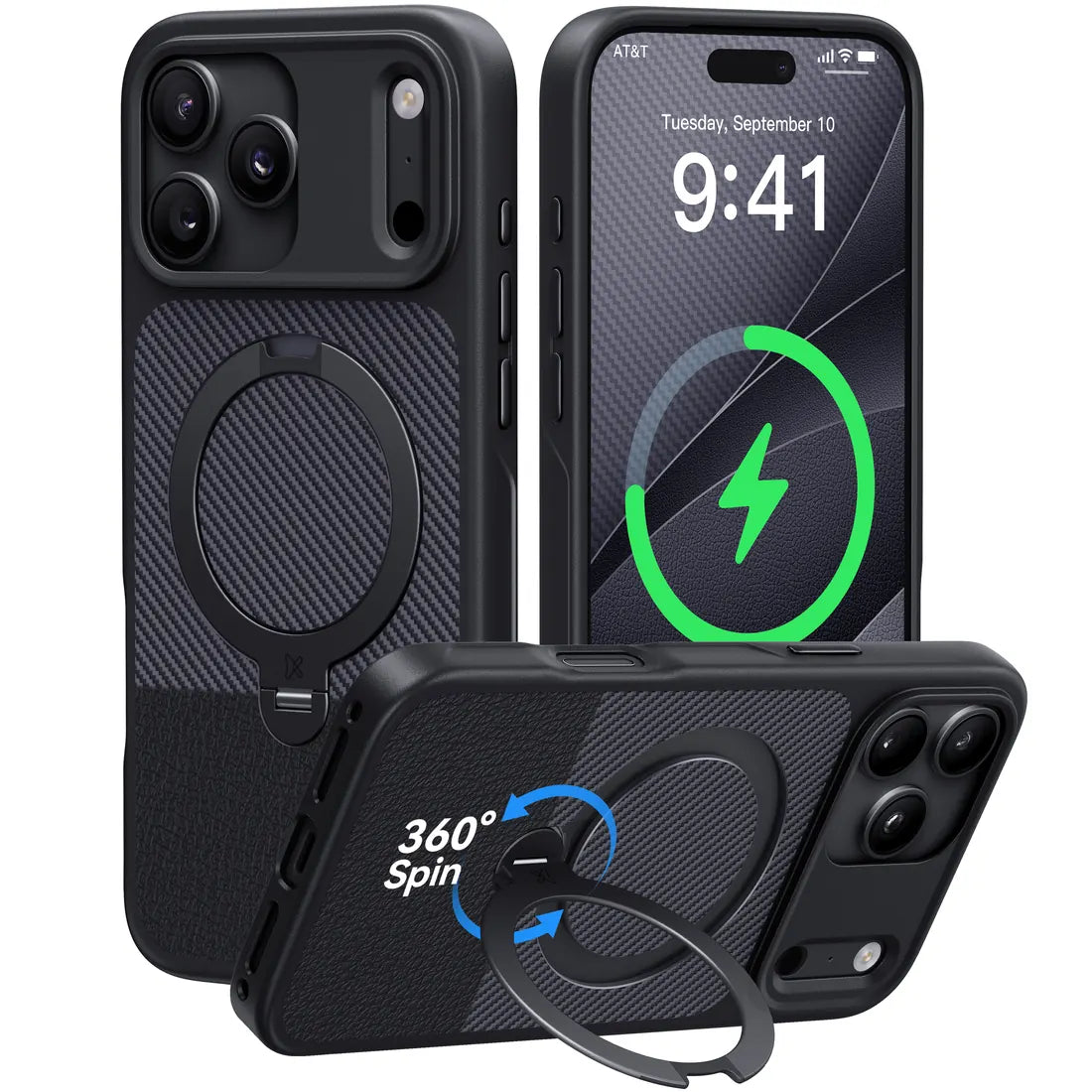 black geometric StandKOO Pro case with 360-degree rotating stand, front and back views