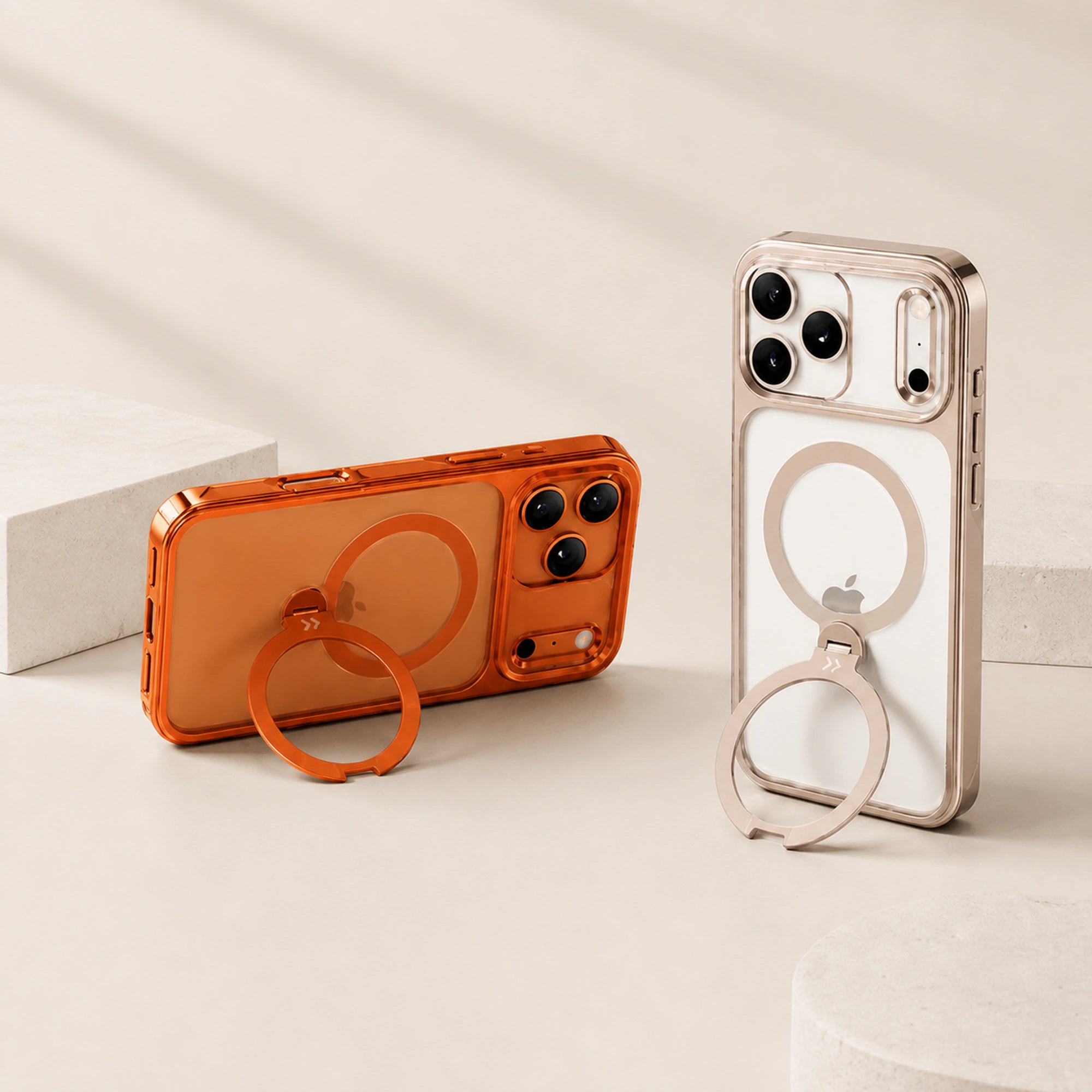 Vivid Orange and Peak Golden CASEKOO StandKOO Halo cases showing the rotating stand
