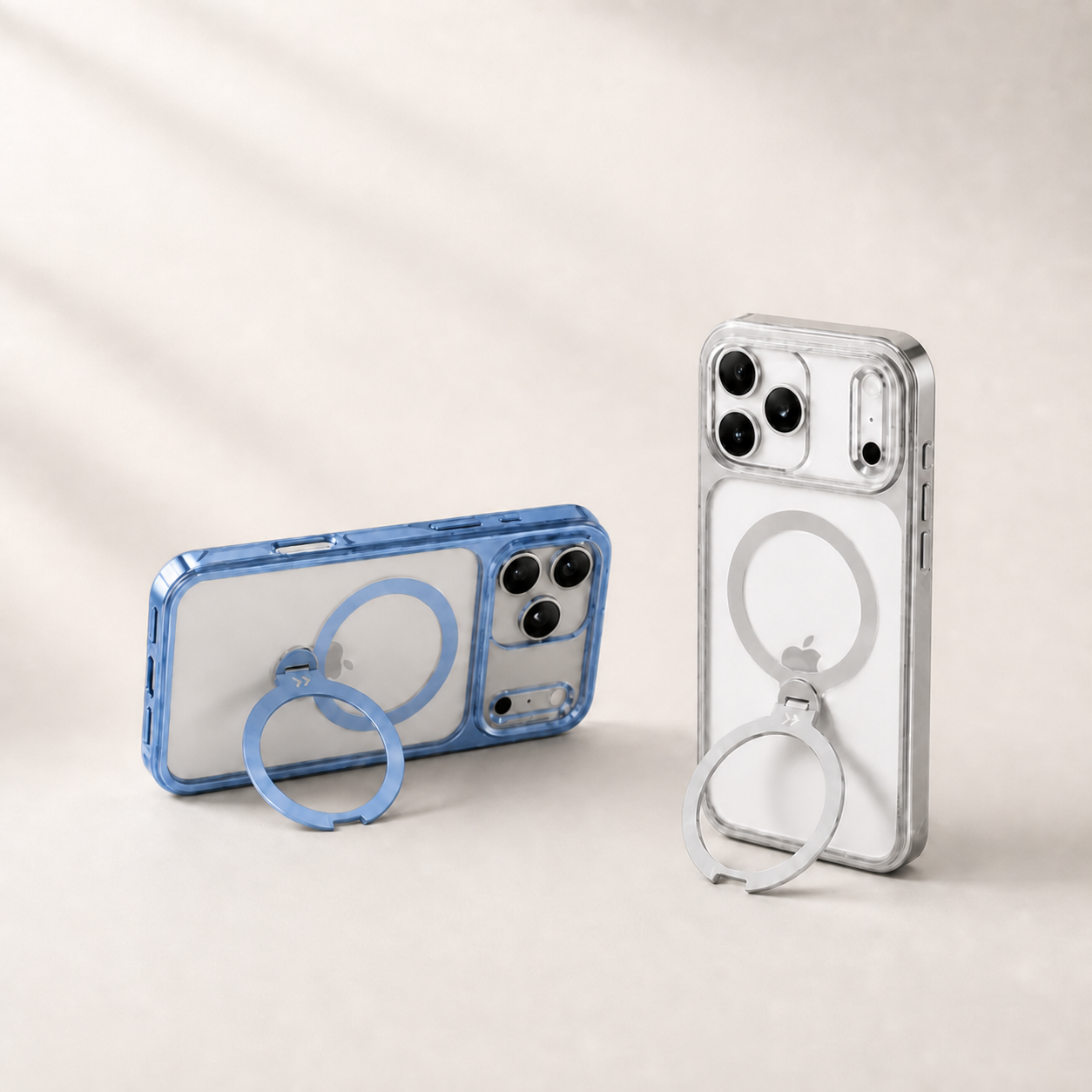 StandKOO Halo blue and clear cases demonstrating the 360-degree rotating stand in warm neutral light