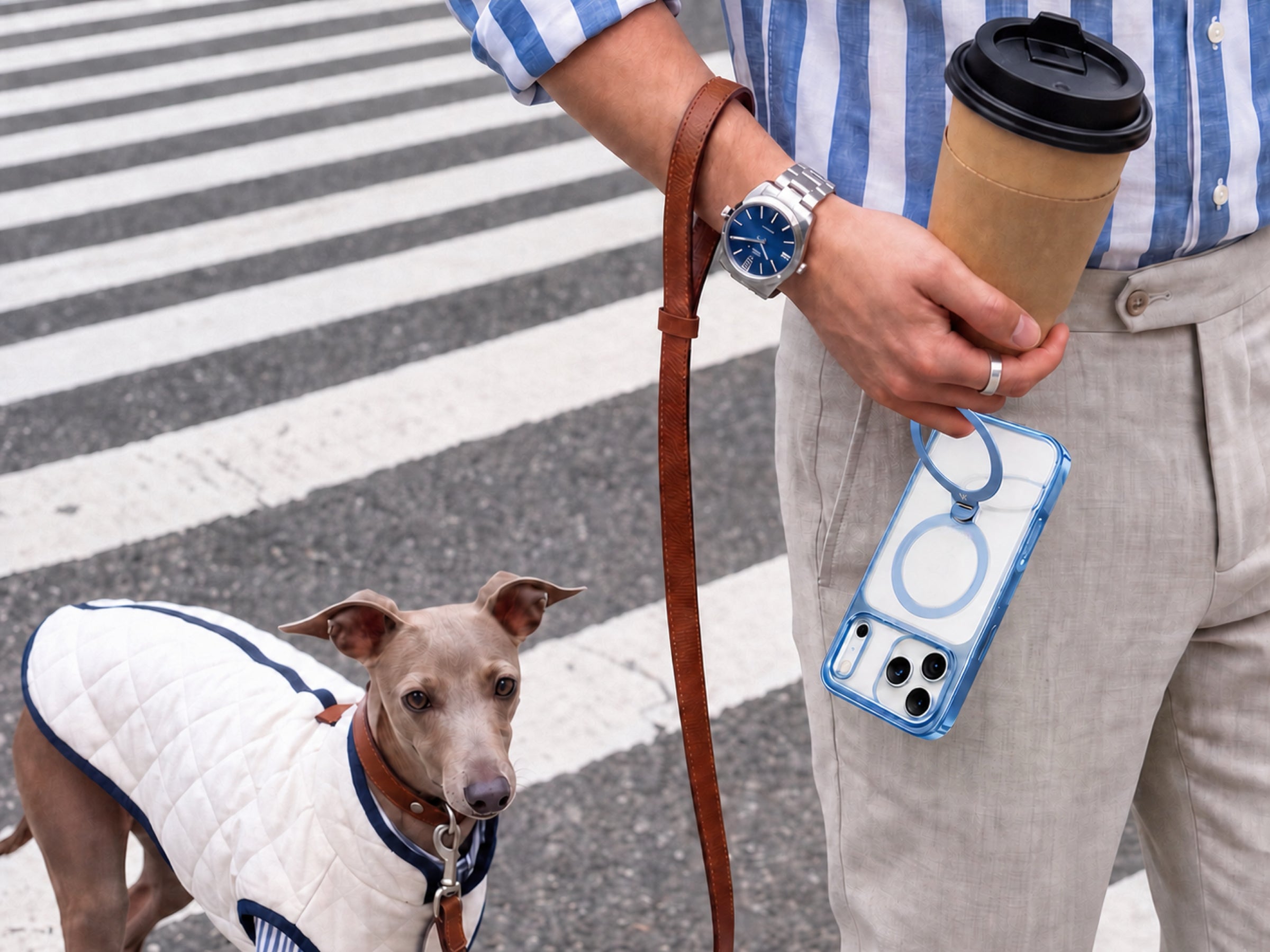 StandKOO Halo Gentle Blue case carried during an outdoor walk with a dog