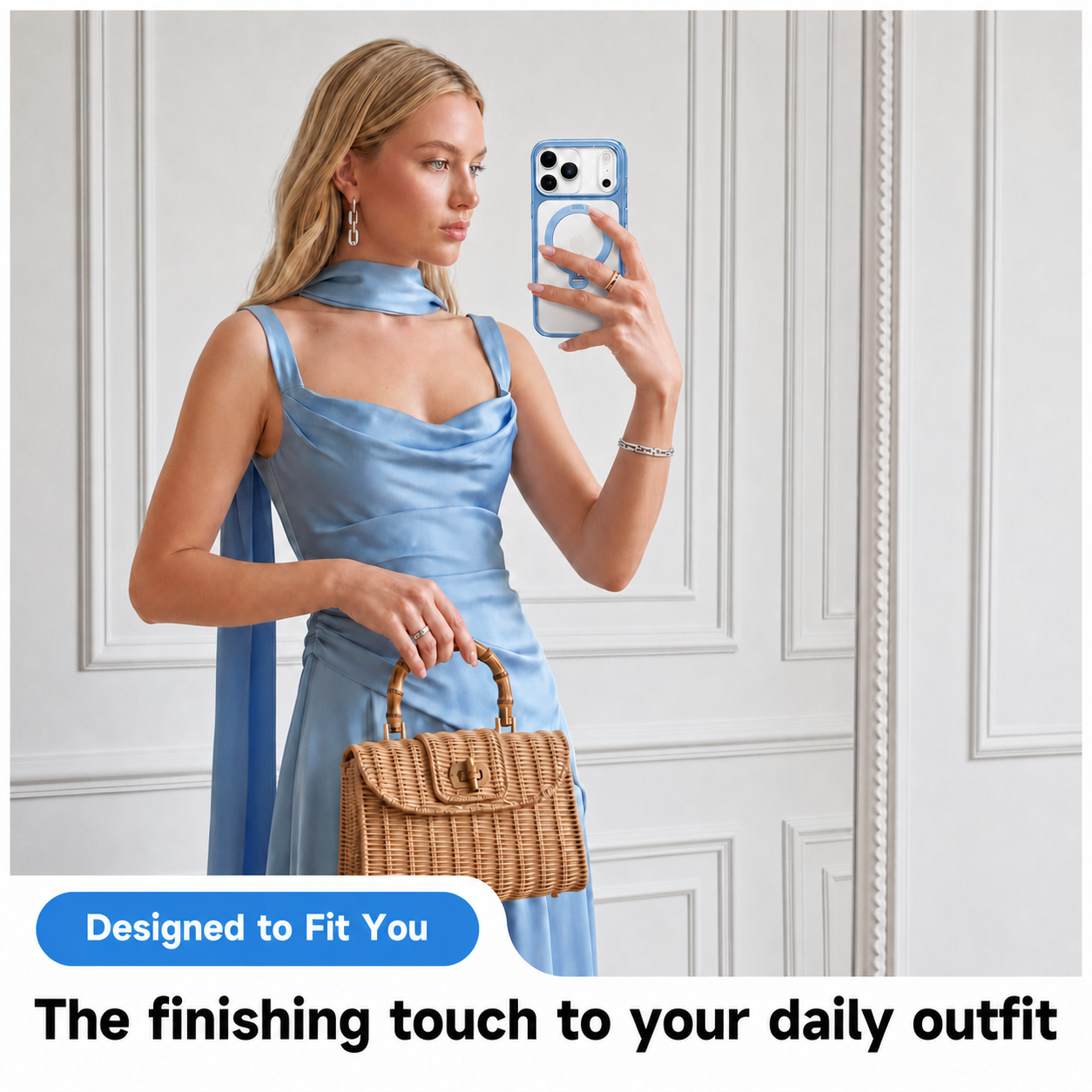Woman using the StandKOO Halo Gentle Blue case in a mirror lifestyle scene