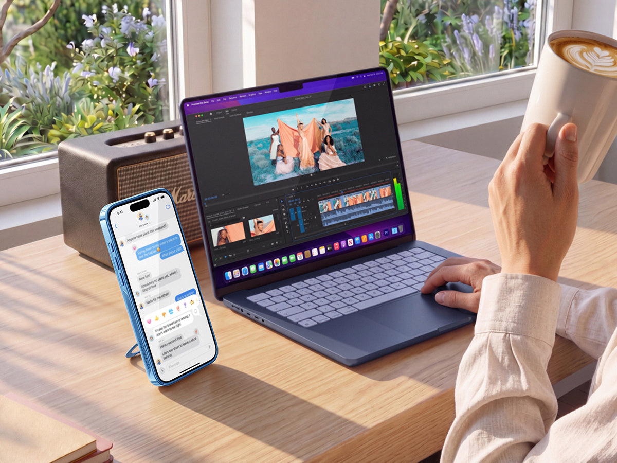 StandKOO Halo Gentle Blue used hands-free beside a laptop