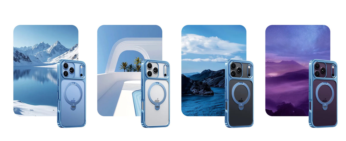 StandKOO Halo blue frame with four phone color combinations