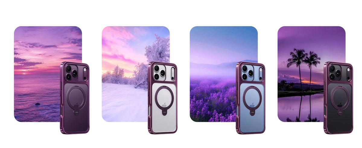 StandKOO Halo purple frame with four phone color combinations