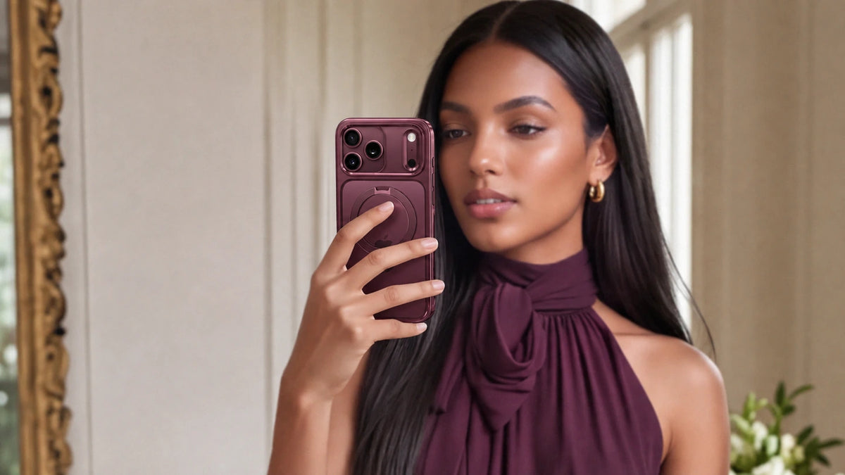 Woman taking a mirror selfie with a Burgundy StandKOO Halo phone case