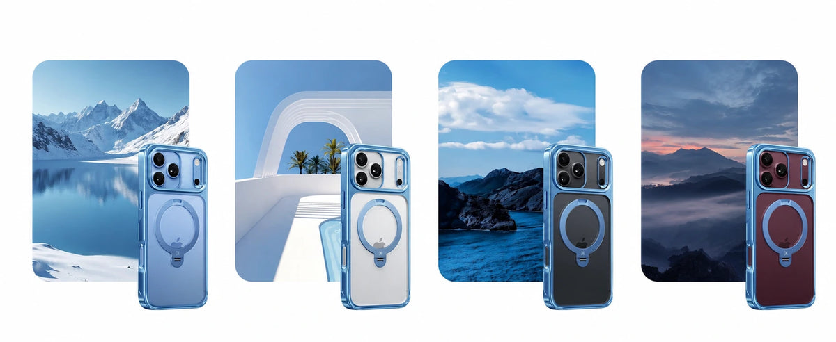 StandKOO Halo blue frame with four phone color combinations