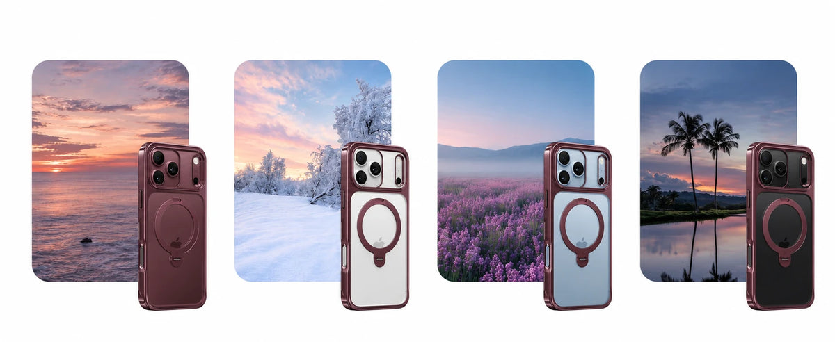 StandKOO Halo Burgundy frame with four iPhone color combinations