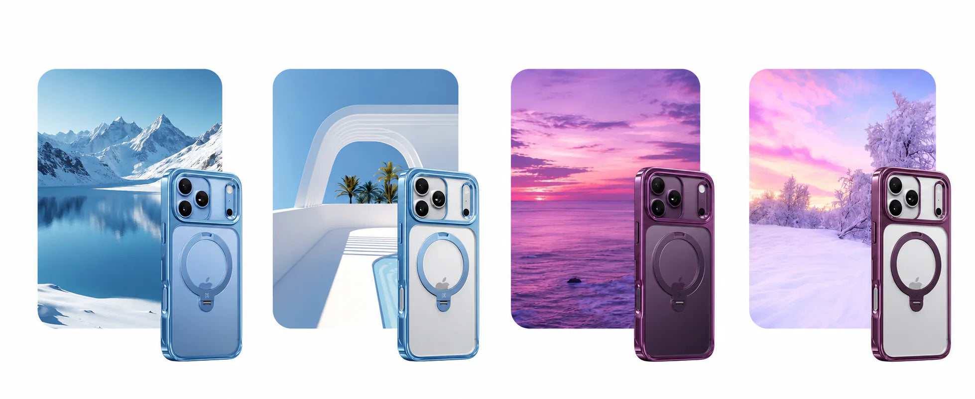 Blue and purple Halo clear cases with matching-color and white phones