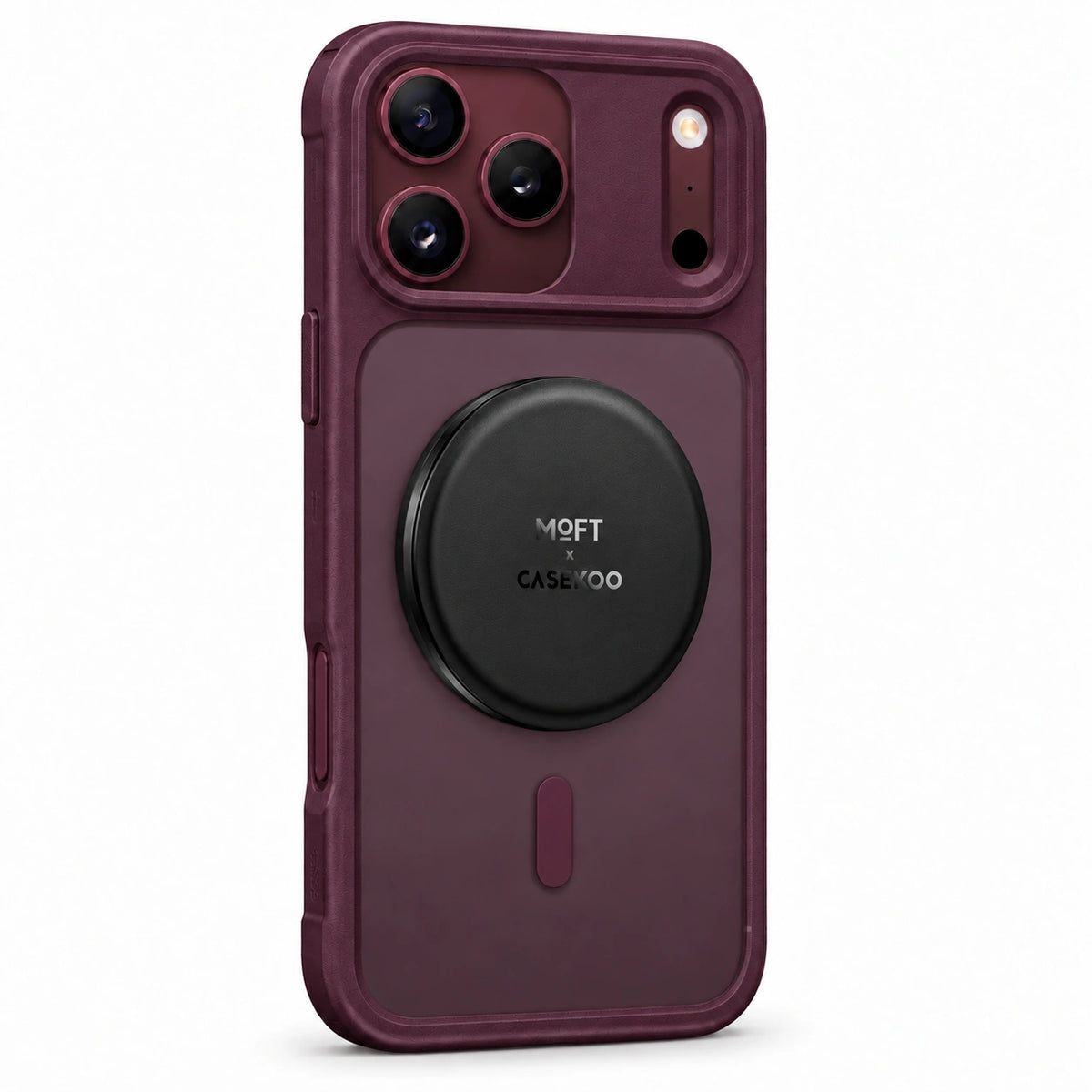 Black MOFT × CASEKOO stand on a Burgundy PureKOO magnetic case