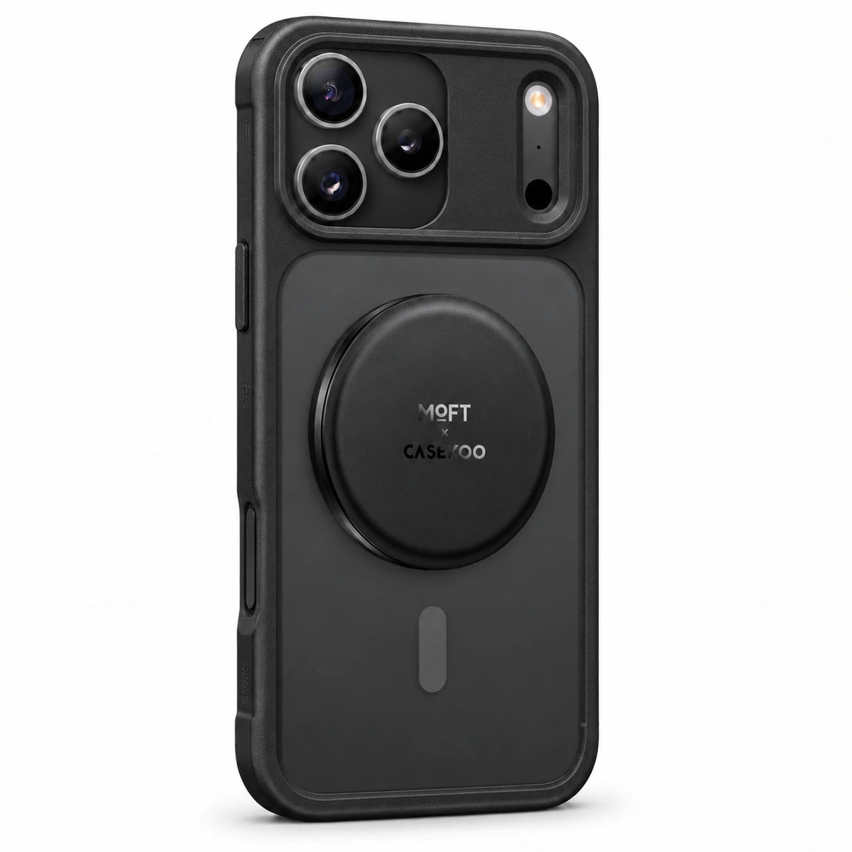 Black MOFT × CASEKOO stand on a black PureKOO magnetic case