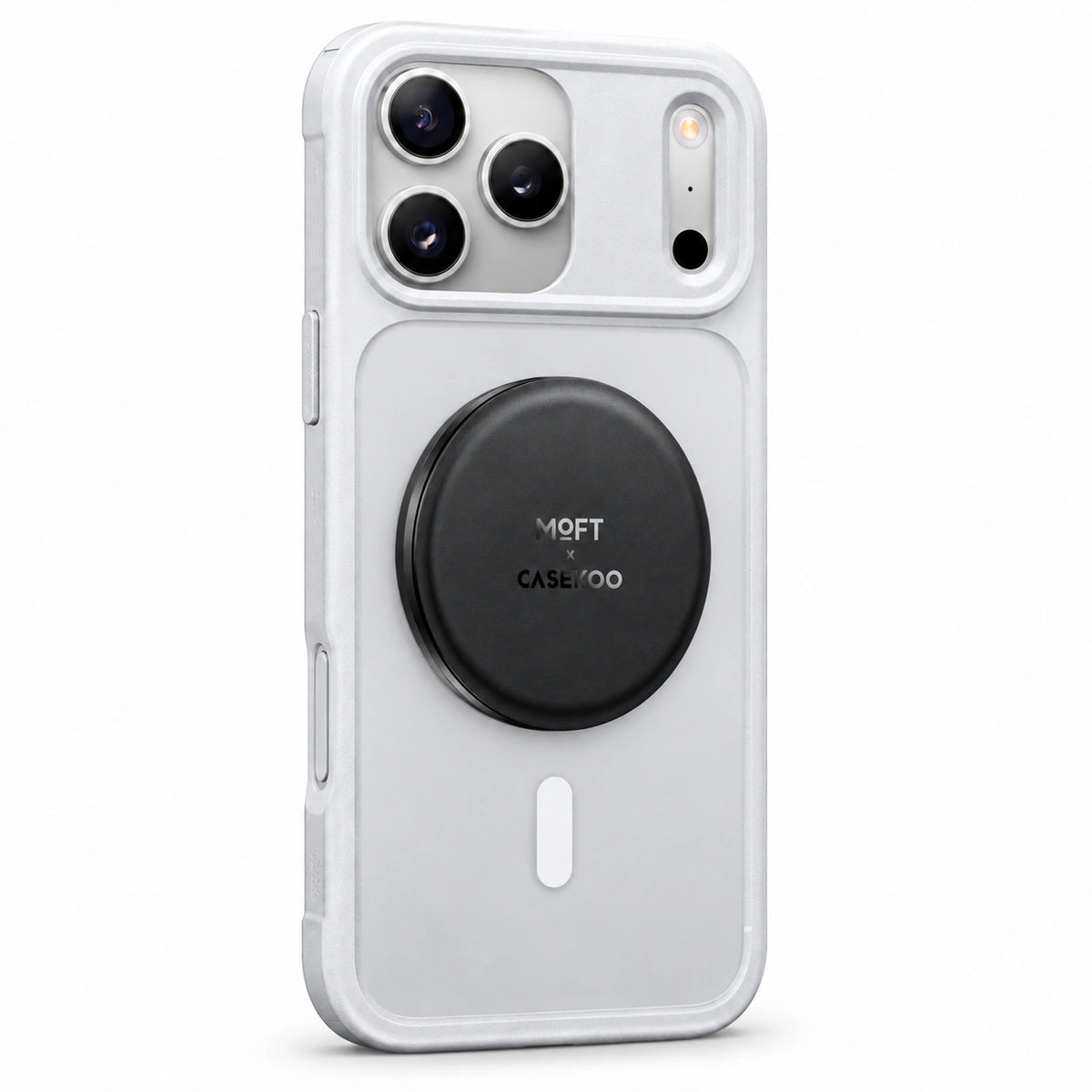 Black MOFT × CASEKOO stand on a Cozy White PureKOO magnetic case