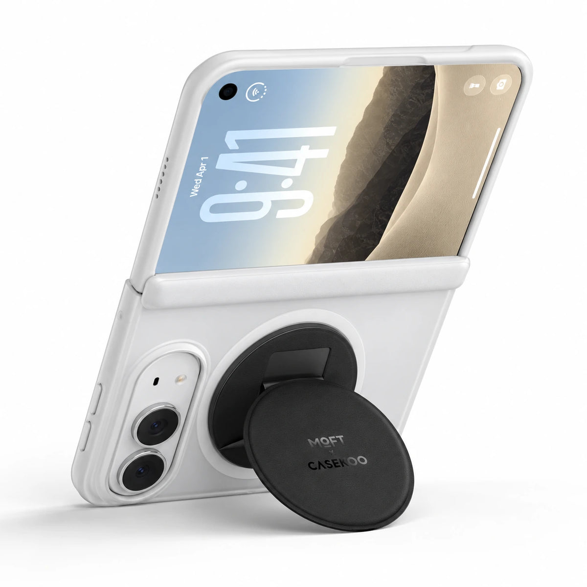 MOFT × CASEKOO stand unfolded on a Star White Duo case