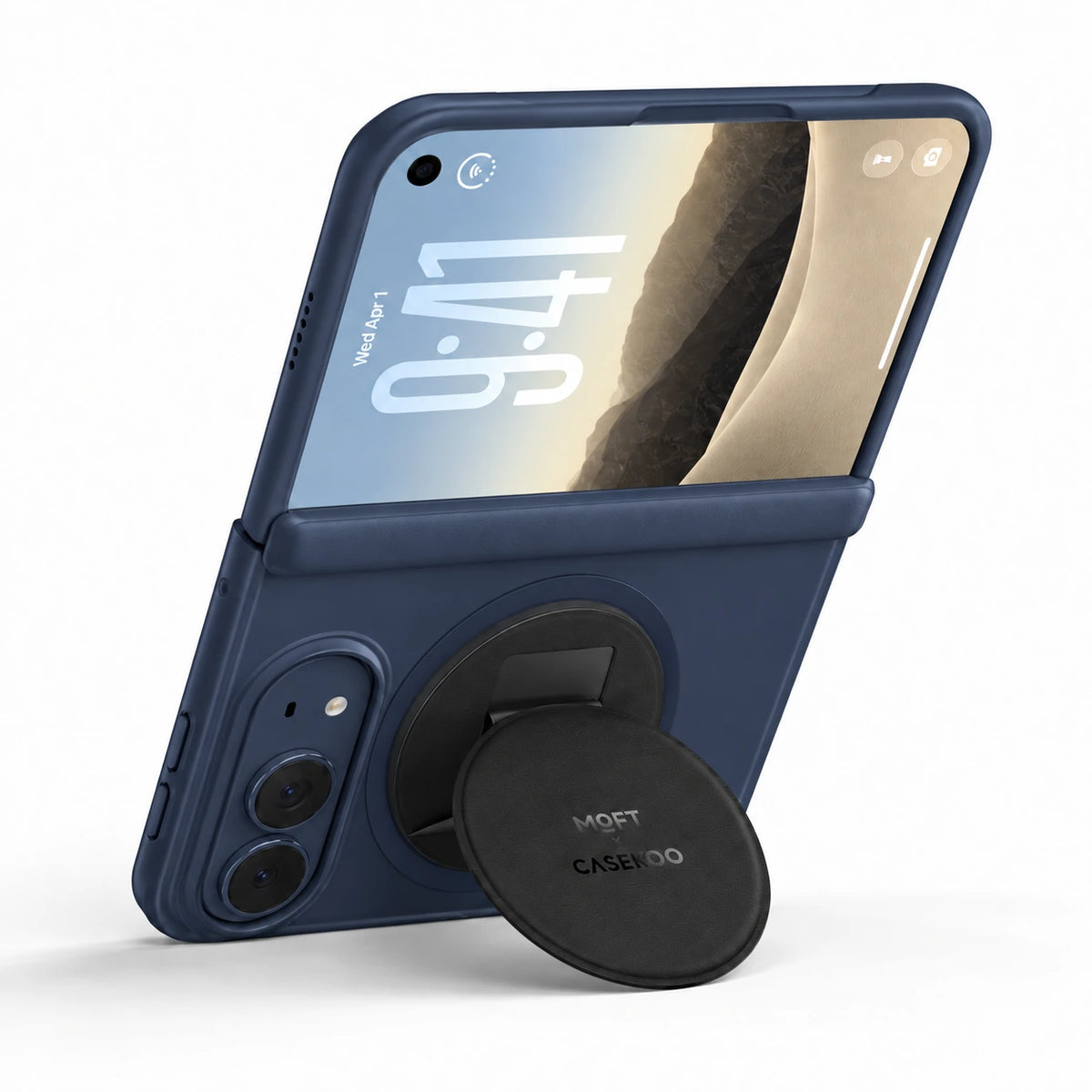 MOFT × CASEKOO stand unfolded on a Night Sky Duo case