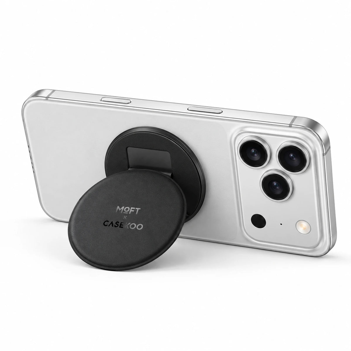 MOFT × CASEKOO stand supporting a silver iPhone in landscape