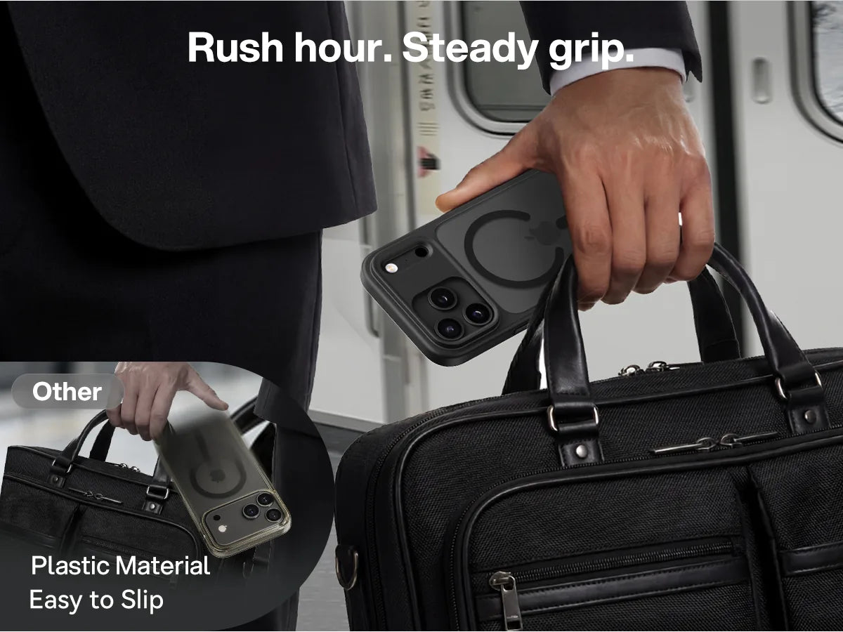 Black magnetic case held during a commute