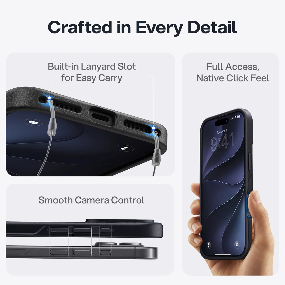Matte magnetic case showing lanyard slots, button access and camera control