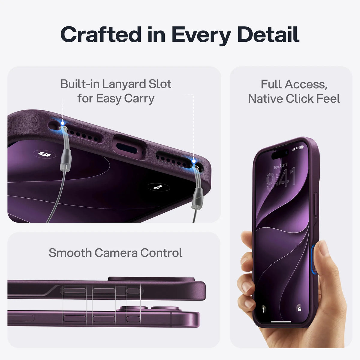 Matte magnetic case showing lanyard slots, button access and camera control