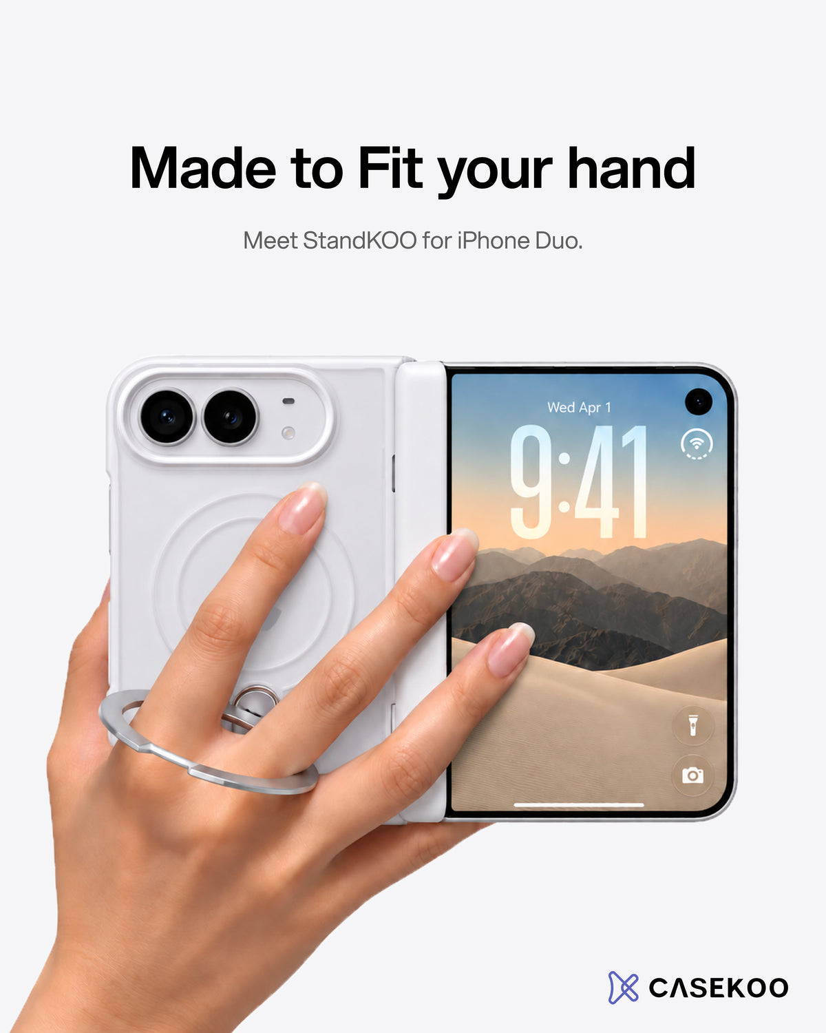 Made to fit your hand. StandKOO Pro for iPhone Duo with a built-in ring grip.