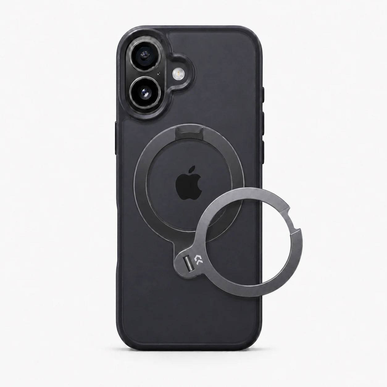 StandKOO Frost Serene Black iPhone 17 matte case with open 360° ring stand