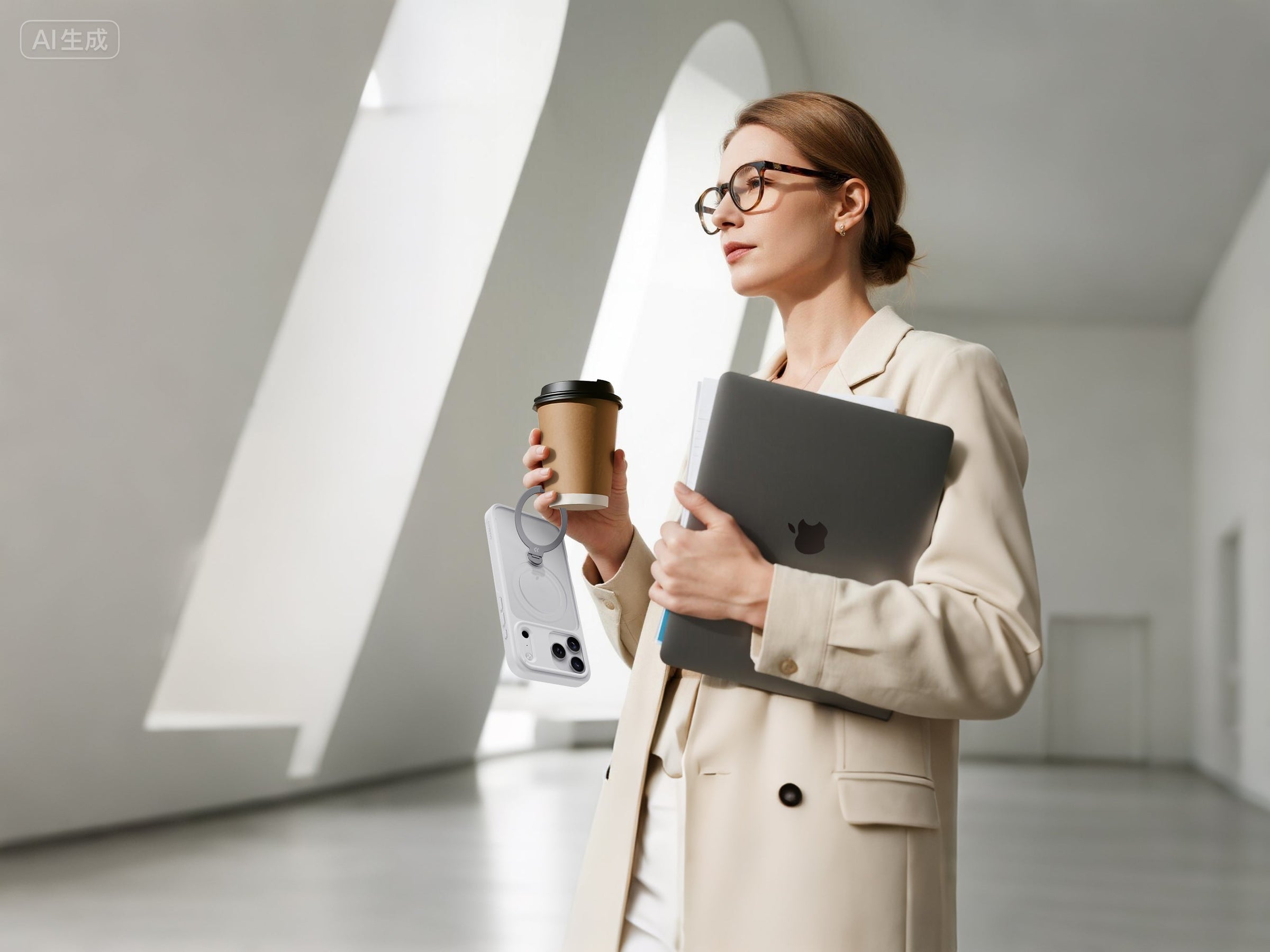 Professional woman carrying a laptop and using a CASEKOO StandKOO Frost case