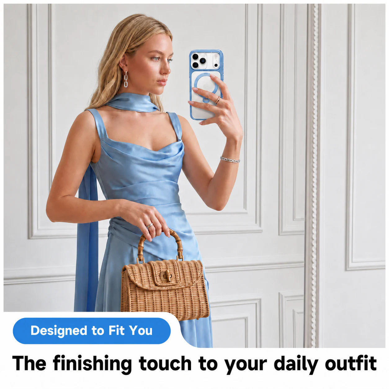 Woman using the StandKOO Halo Gentle Blue case in a mirror lifestyle scene