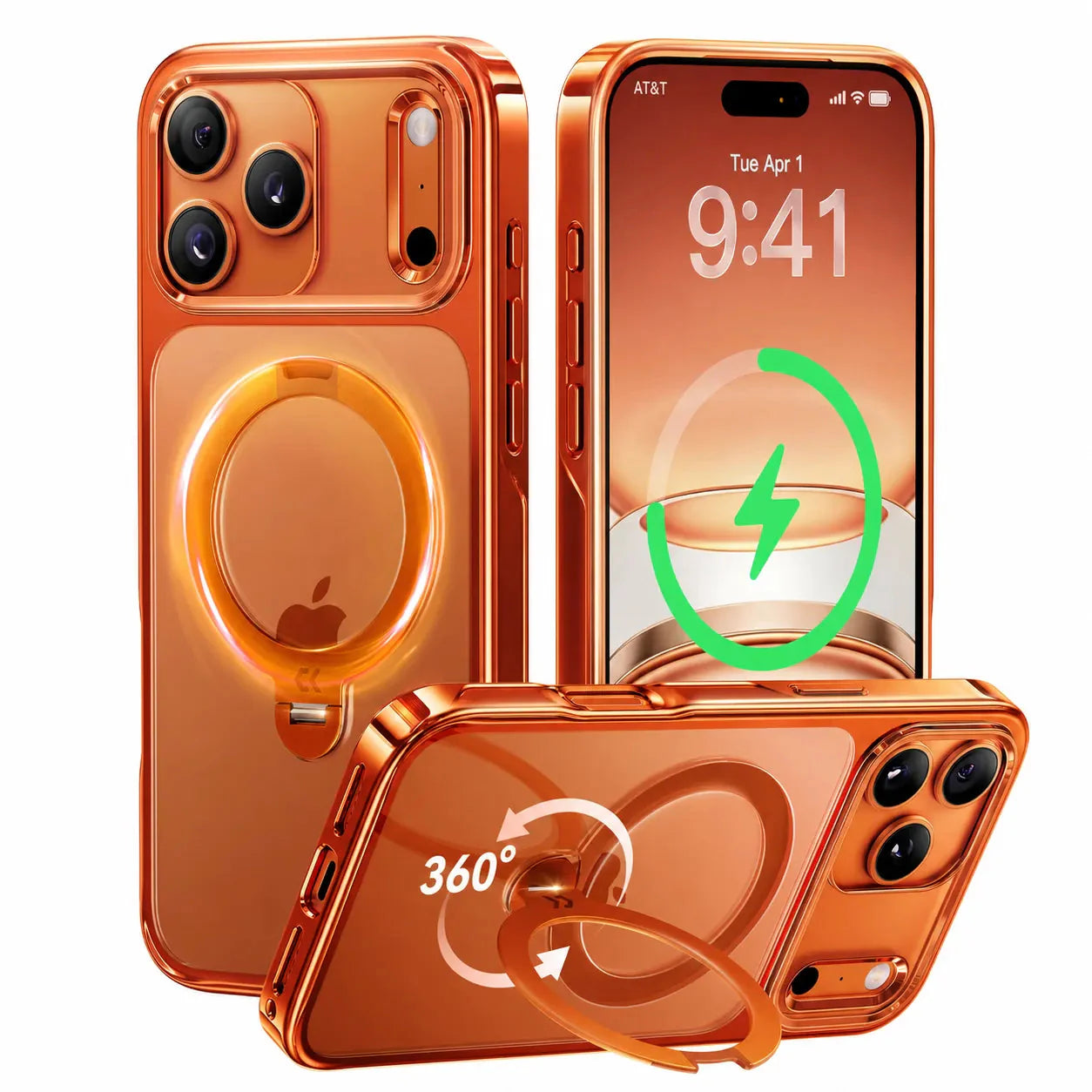 StandKOO Halo Vivid Orange clear iPhone case with magnetic charging and 360° ring stand