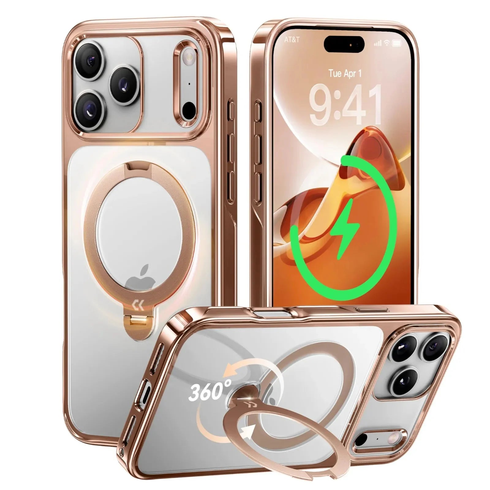 StandKOO Halo Rose Golden clear iPhone case with magnetic charging and 360° ring stand