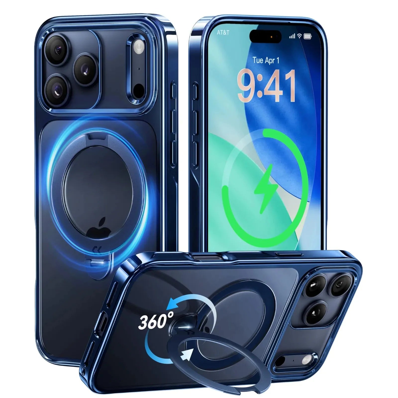 StandKOO Halo Midnight Blue clear iPhone case with magnetic charging and 360° ring stand