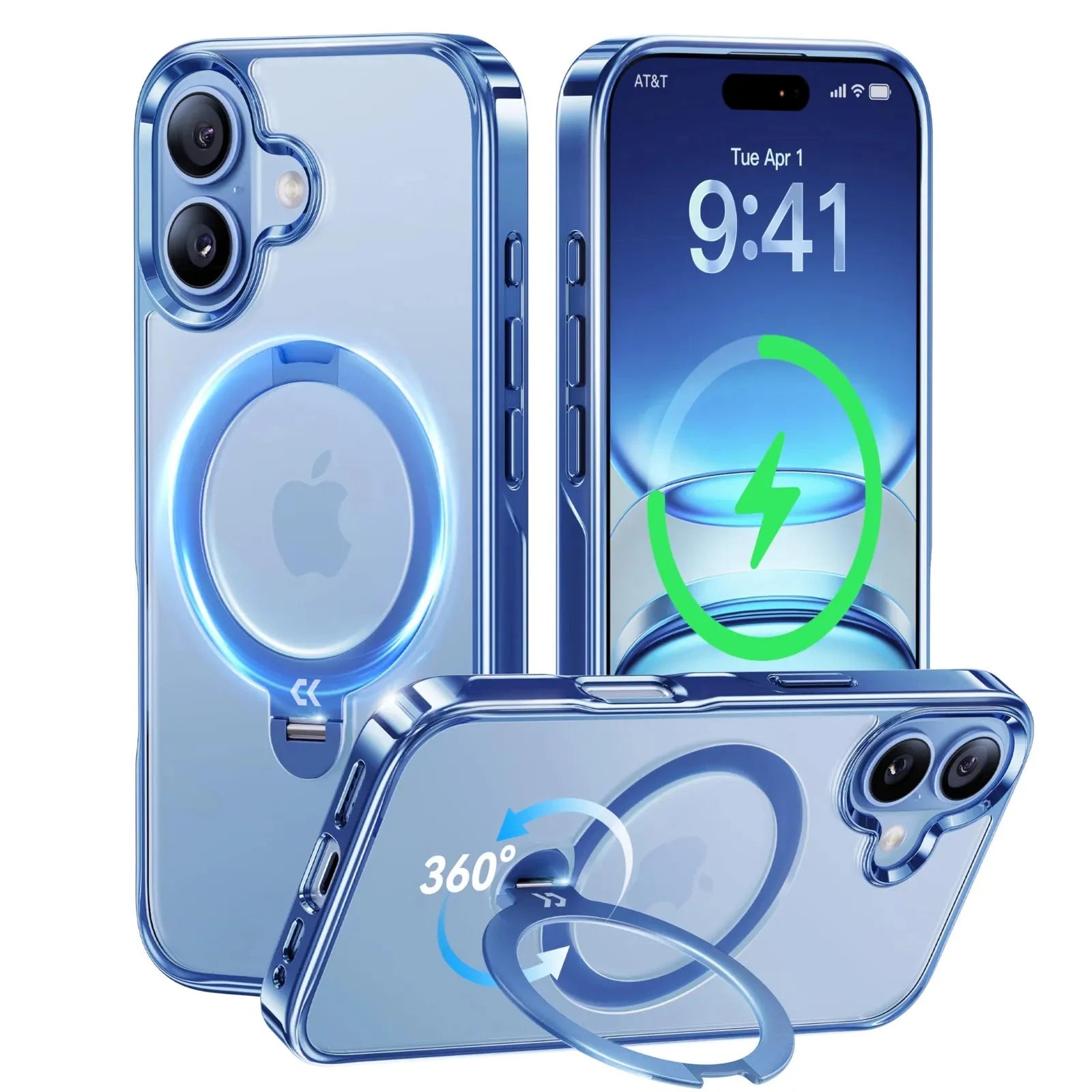 StandKOO Halo Gentle Blue iPhone 17 clear case with magnetic charging and 360° ring stand