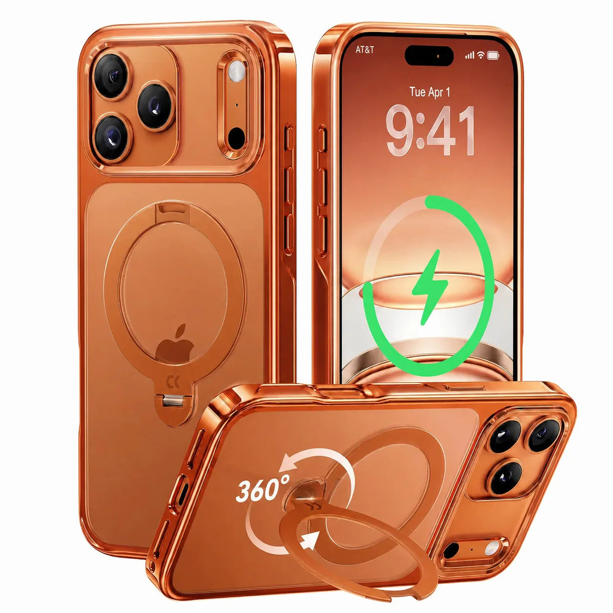 StandKOO Halo Vivid Orange iPhone 17 Pro and 17 Pro Max case with 360° ring stand