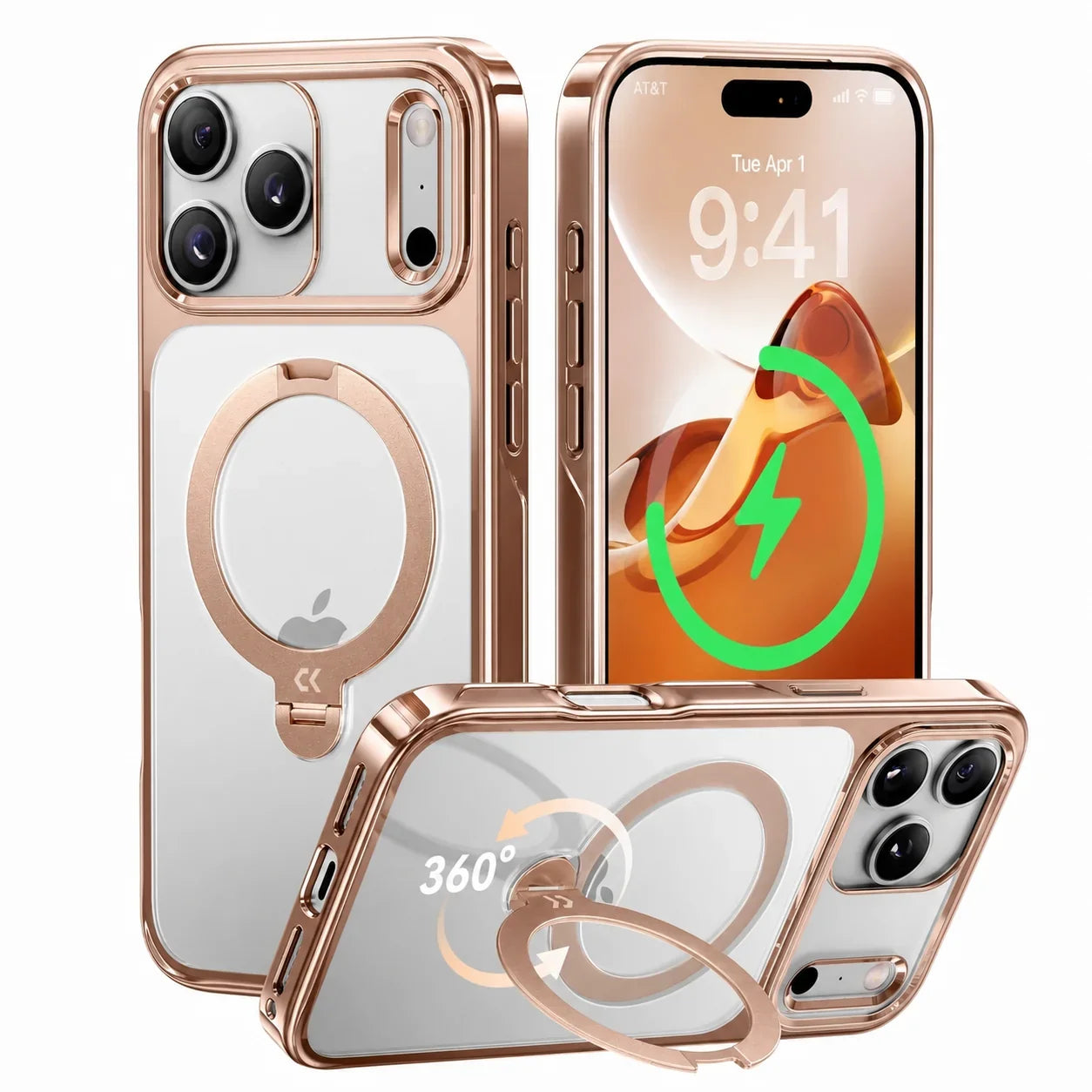 StandKOO Halo Rose Golden iPhone 17 Pro and 17 Pro Max case with 360° ring stand