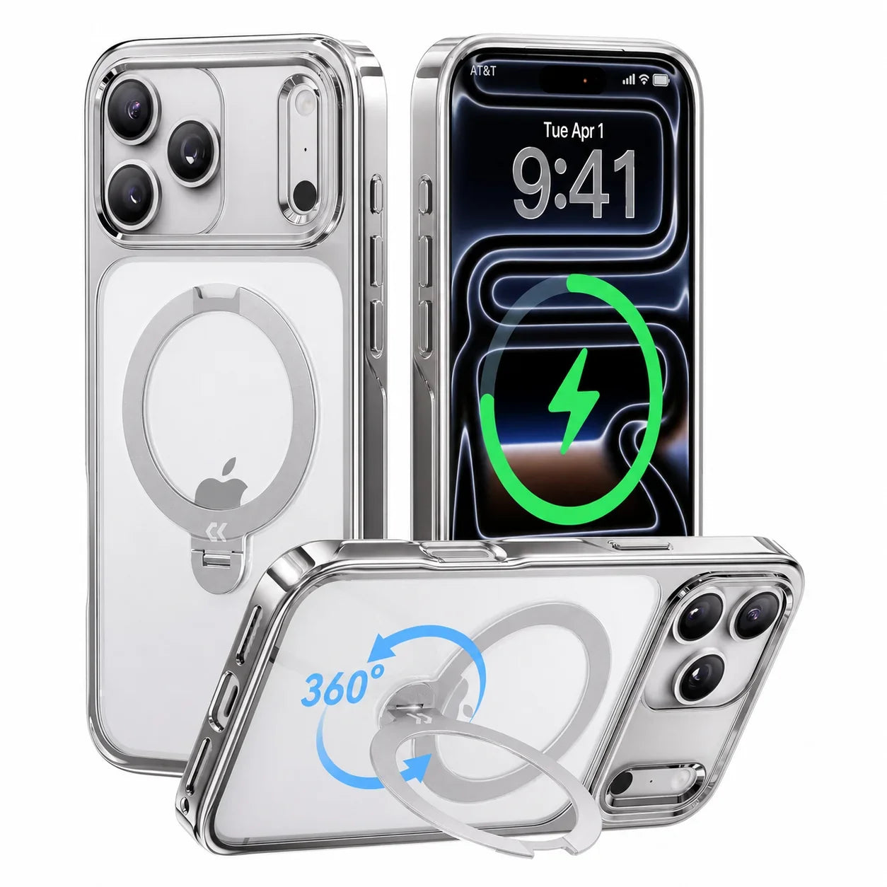 StandKOO Halo Silver Aura iPhone 17 Pro and 17 Pro Max case with 360° ring stand