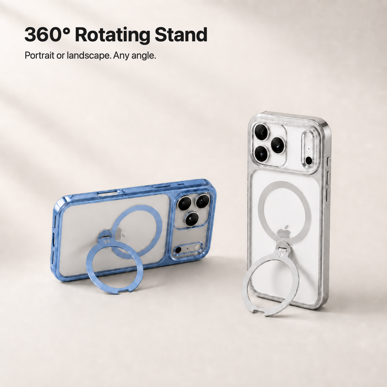 StandKOO Halo blue and clear cases demonstrating the 360-degree rotating stand