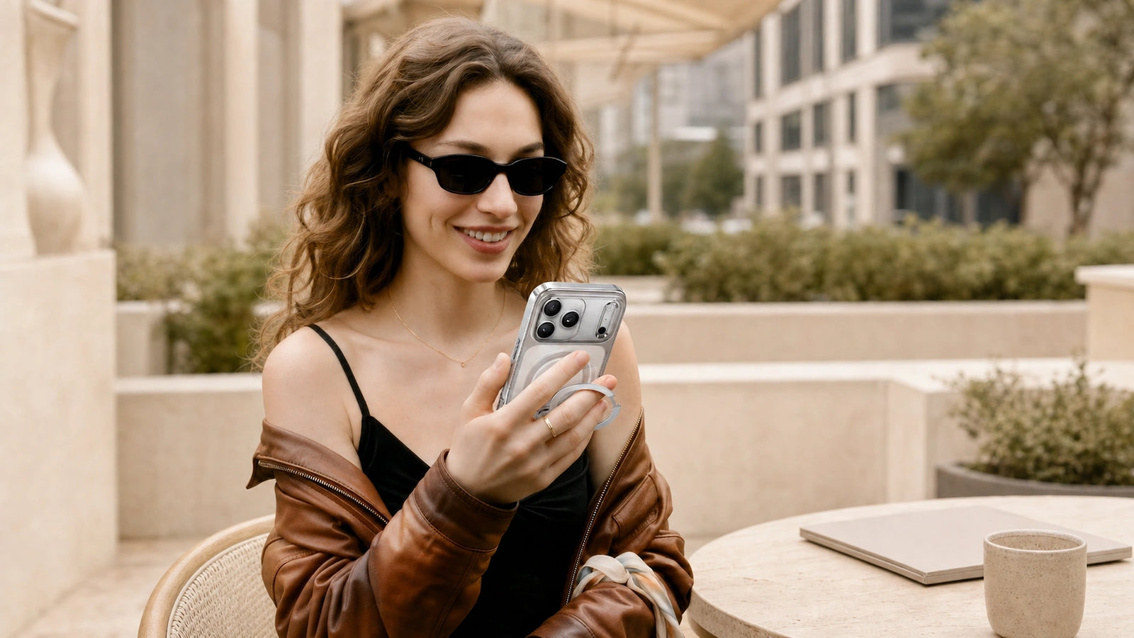 Woman holding a CASEKOO StandKOO Halo case with the ring grip