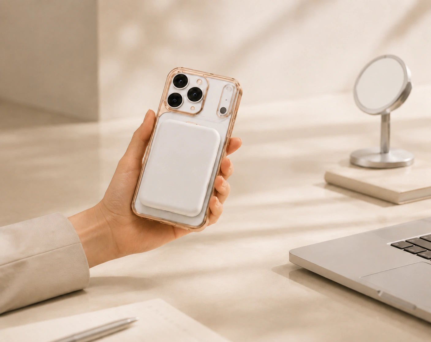 CASEKOO StandKOO Halo case connected to a MagSafe battery pack