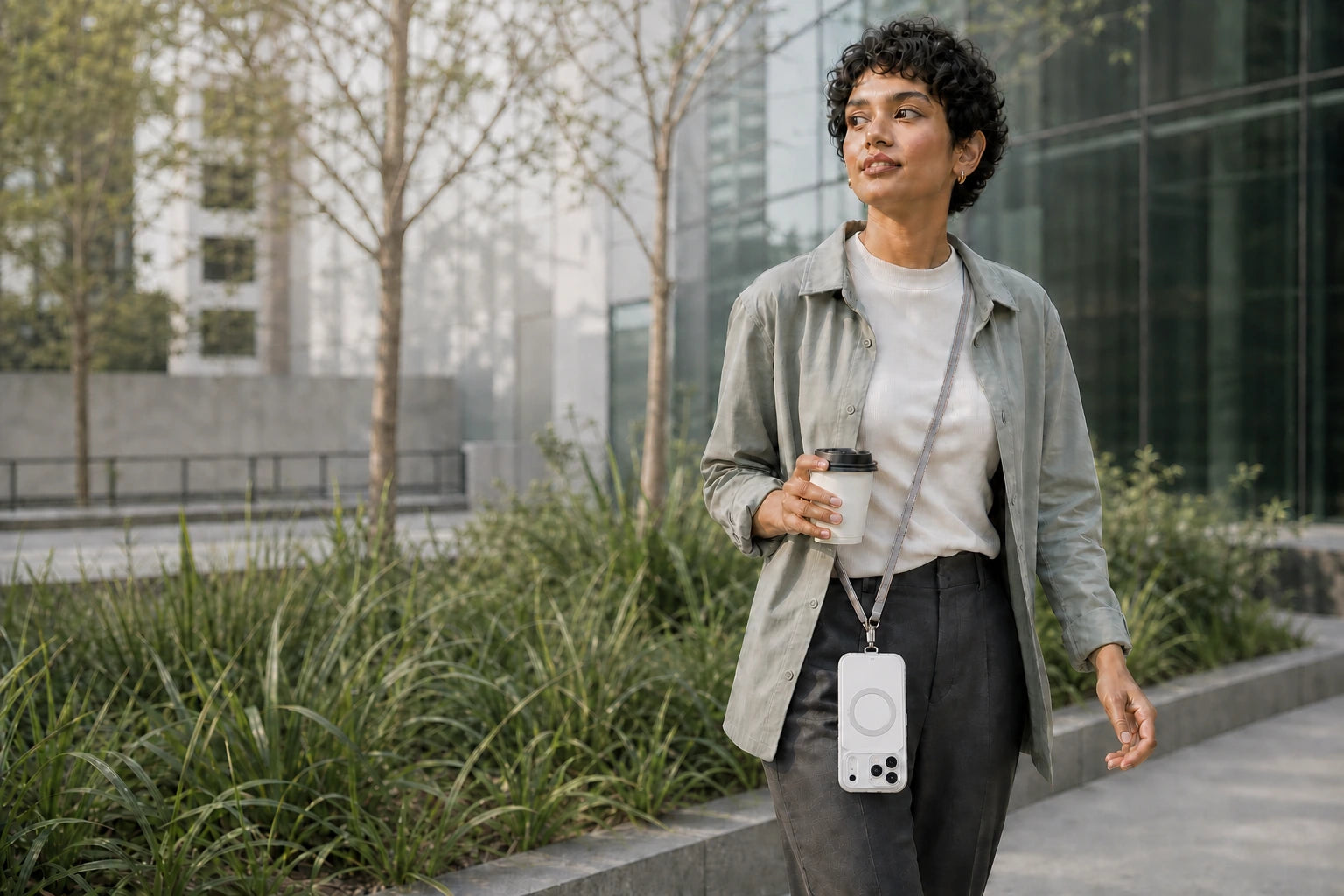Model carrying an iPhone 17 Pro Max in the Cozy White StandKOO Frost case upside down from its bottom-edge crossbody lanyard attachment