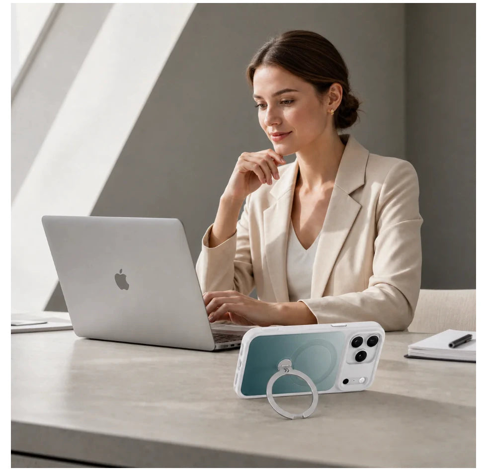 StandKOO Frost case in a hands-free office desk scene