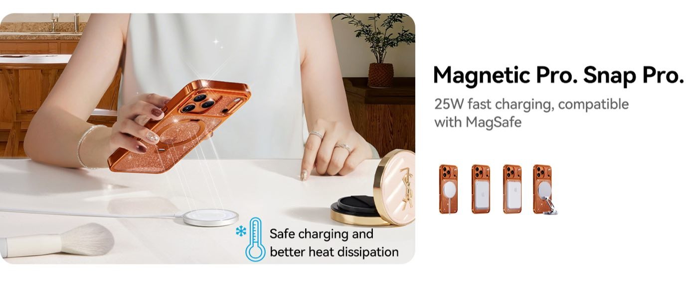 MagSafe充電中のビビッドオレンジStandKOOグリッターケース