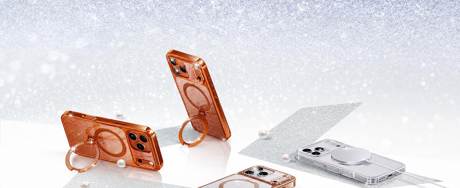 StandKOO Glitter cases arranged on a polished silver-white set