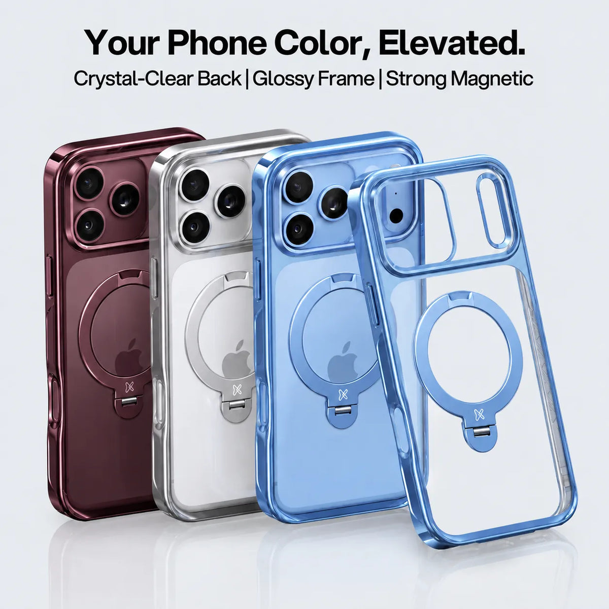 Burgundy, Clear and Glacier Blue iPhone 18 cases with transparent backs and MagSafe ring stands